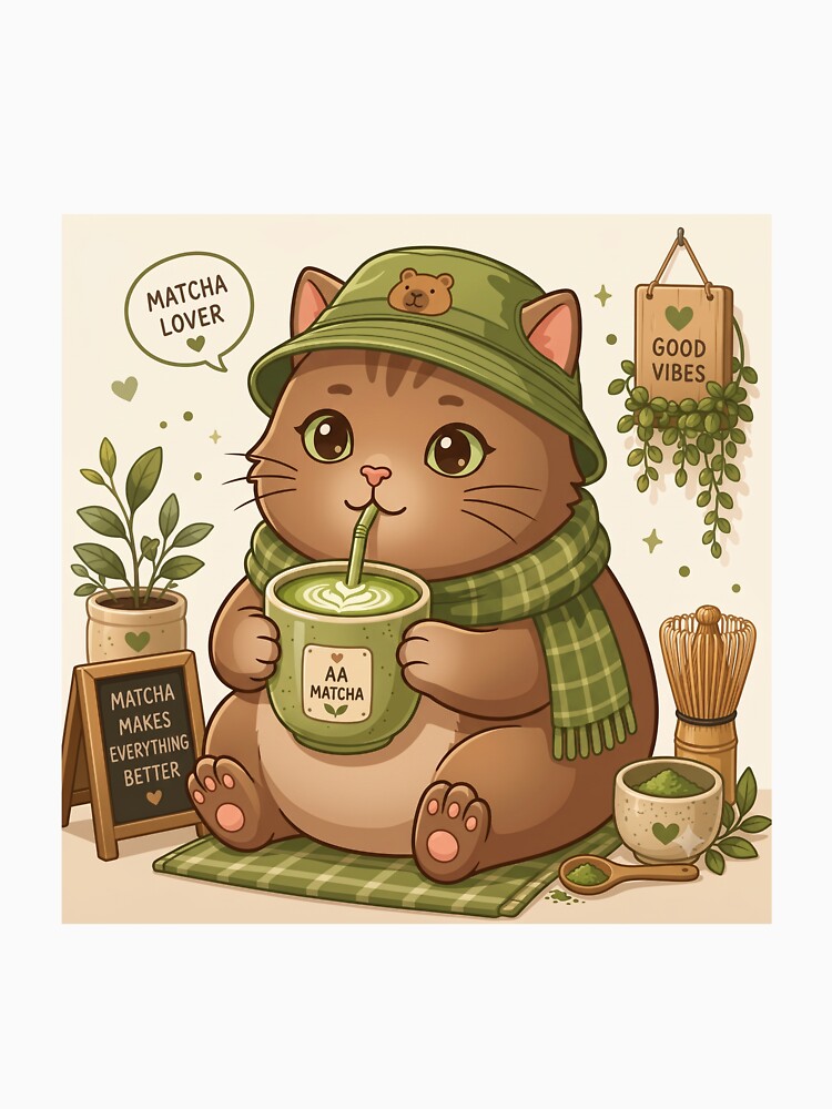 Cute Kawaii Matcha Cat Aesthetic Cozy Kitten Sticker by ArjunDev1994