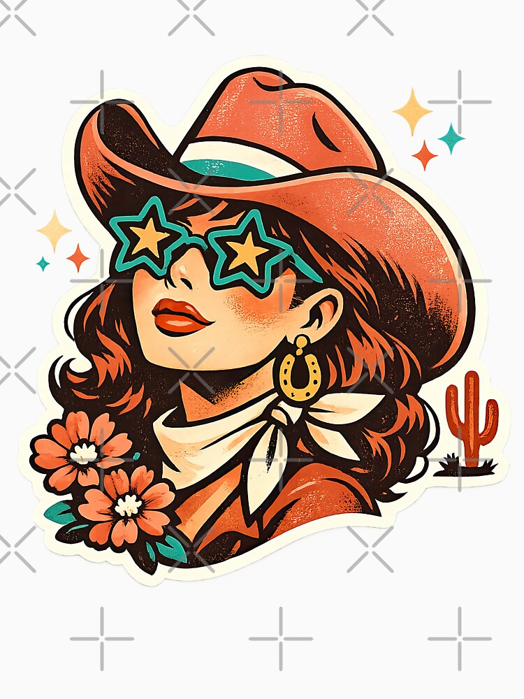 Retro Western Cowgirl with Star Sunglasses and Cowboy Hat by inkoutninja