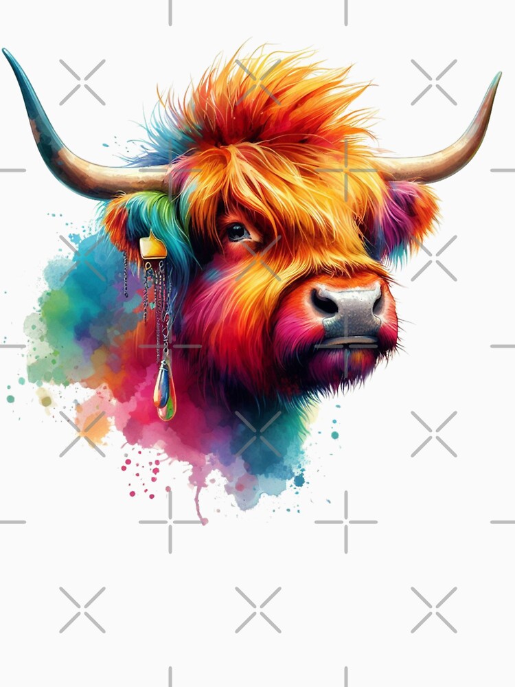Punk Rocker Scottish Highland Cow Colorful Watercolor by MaedK