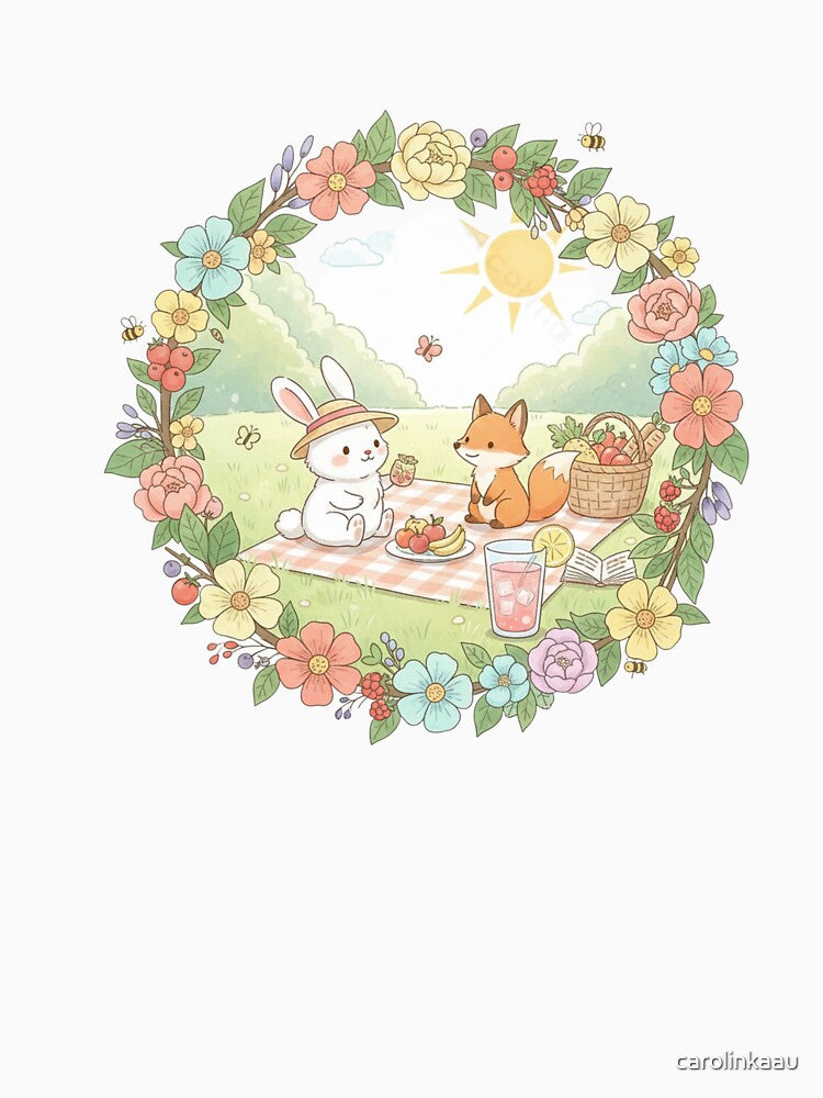 Cute Bunny and Fox Picnic - Kawaii Cottagecore Spring Illustration by carolinkaau