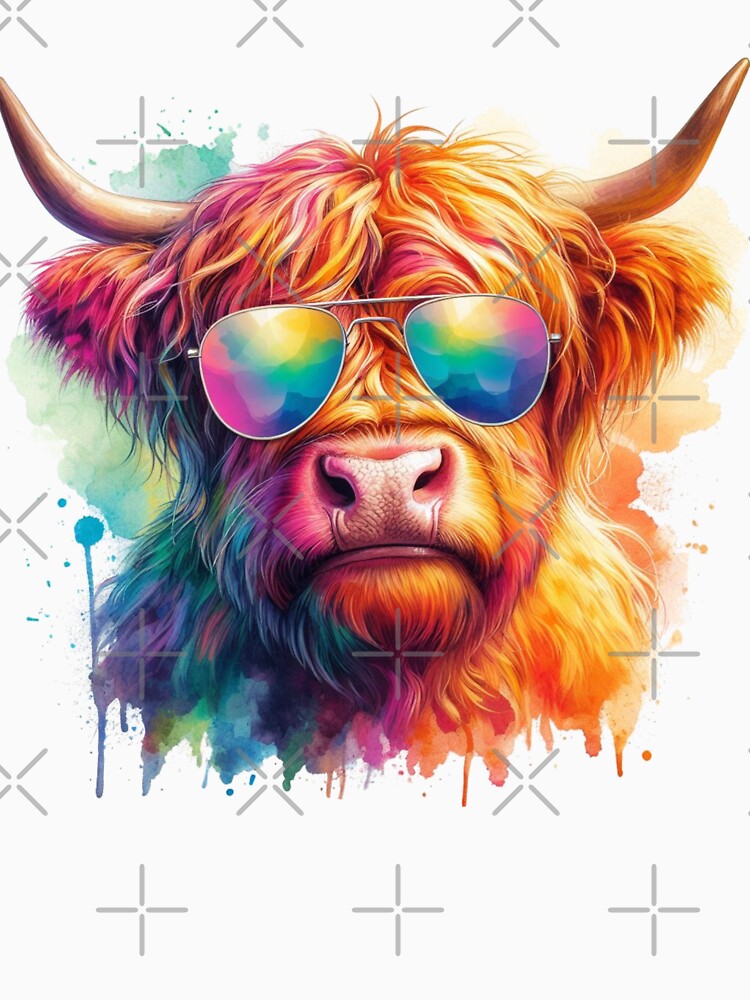 Scottish Highland Cow in Sunglasses Colorful Watercolor by MaedK