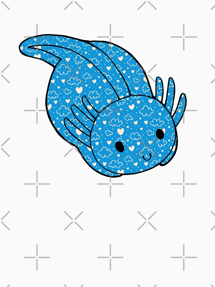Cute Kawaii Baby Chibi Axolotl in Bright Blue with Hearts and Cloud Pattern by InkMemories