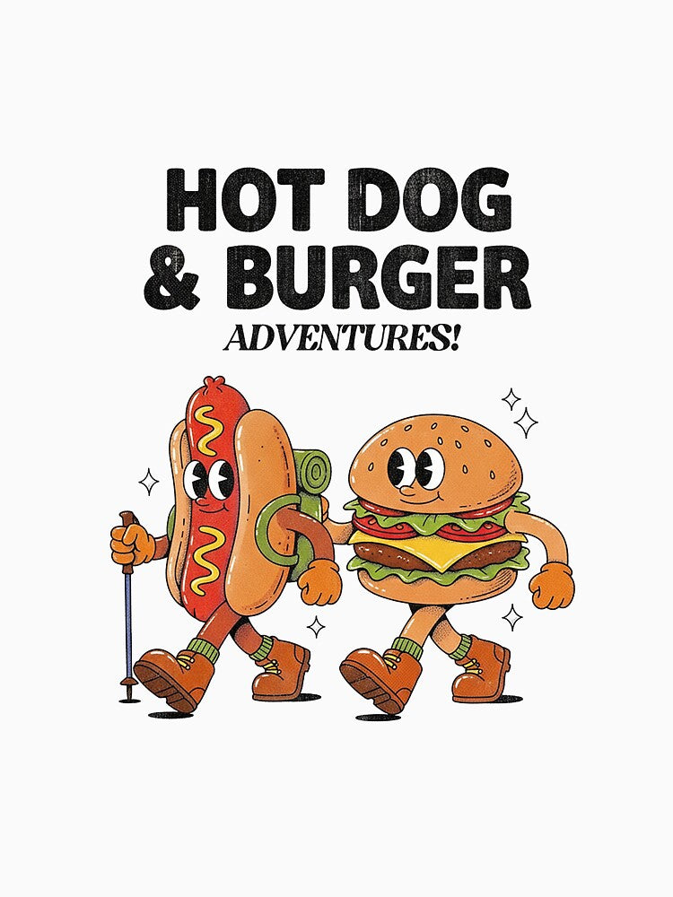 Hot Dog Burger Adventures Retro Cartoon Hiking Fast Food by HoopeStylee