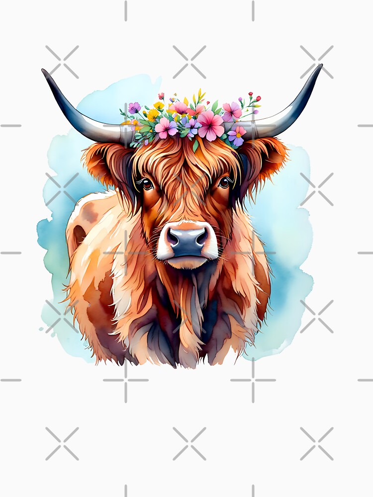 Highland Cow with Boho Flower Crown Watercolor by Trendsecne