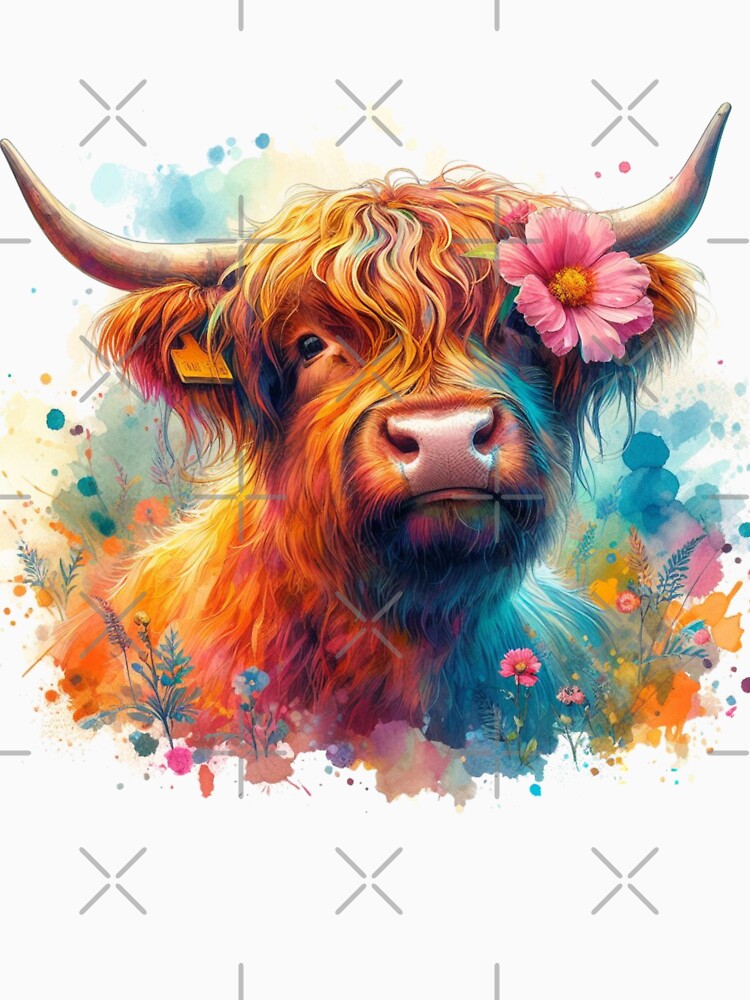 Pretty Scottish Highland Cow with Flower Colorful Watercolor by MaedK