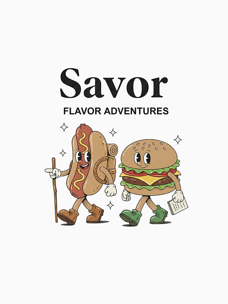 Savor Flavor Adventures Hot Dog Burger Hiking Retro by HoopeStylee