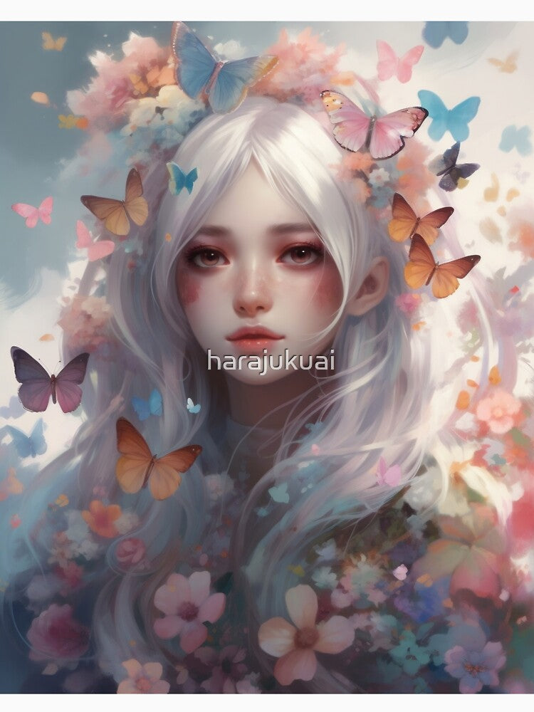 Dreamy Girl Portrait with Long White Hair and Colourful Butterflies #3 by harajukuai