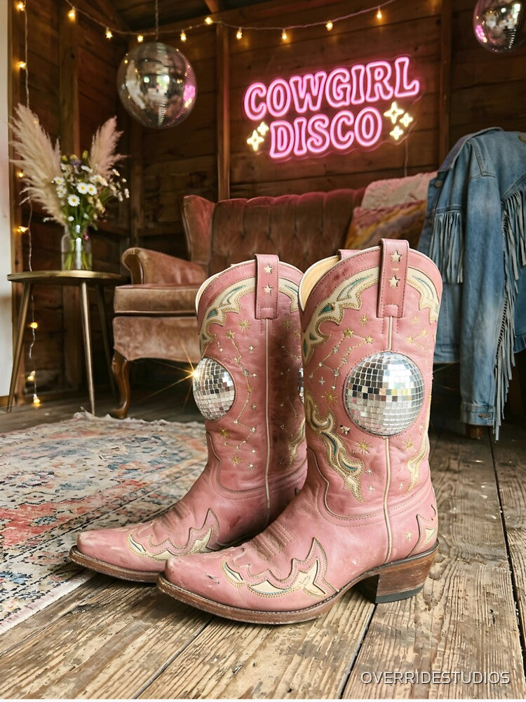 Retro Cowgirl Boots Disco Ball Western Aesthetic Design by OVERRIDESTUDIOS