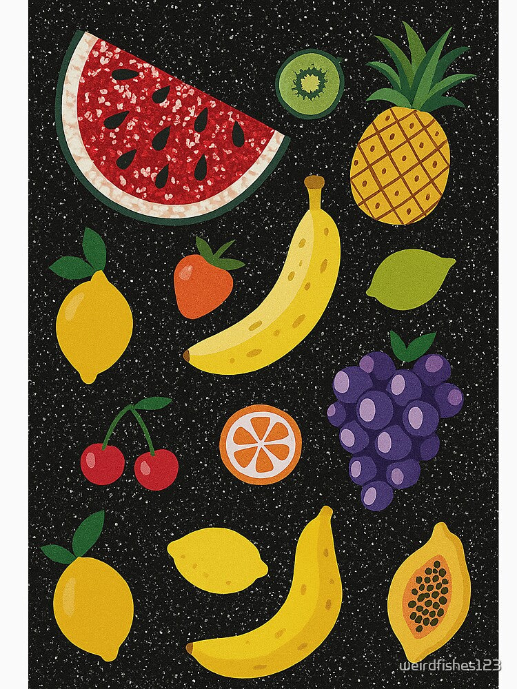 Colorful Fruit Pattern on Black – Tropical Pop Art Illustration by weirdfishes123