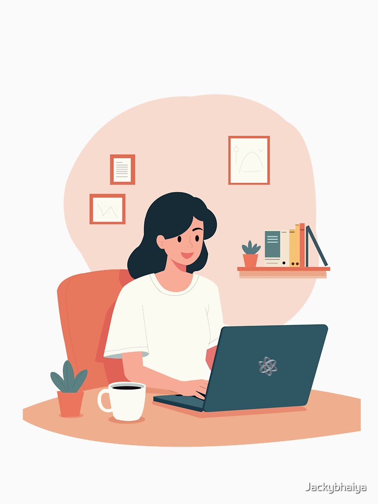 Woman Working on Laptop – Cozy Home Office Art by Illustrator Bhaiya