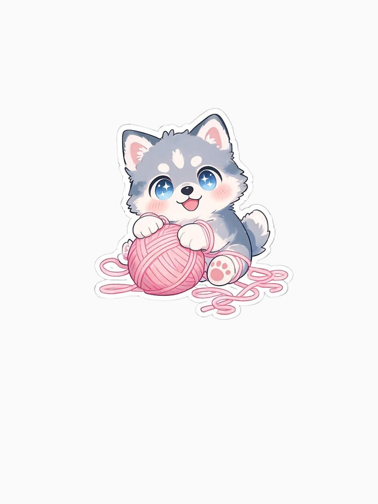 Cute Husky Playing Yarn Ball-Kawaii Puppy Knitting Lover Design by carestazafeli