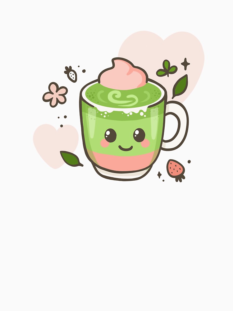 Kawaii Matcha Strawberry Tea – Cute Vector Drink Illustration by Tattyarts