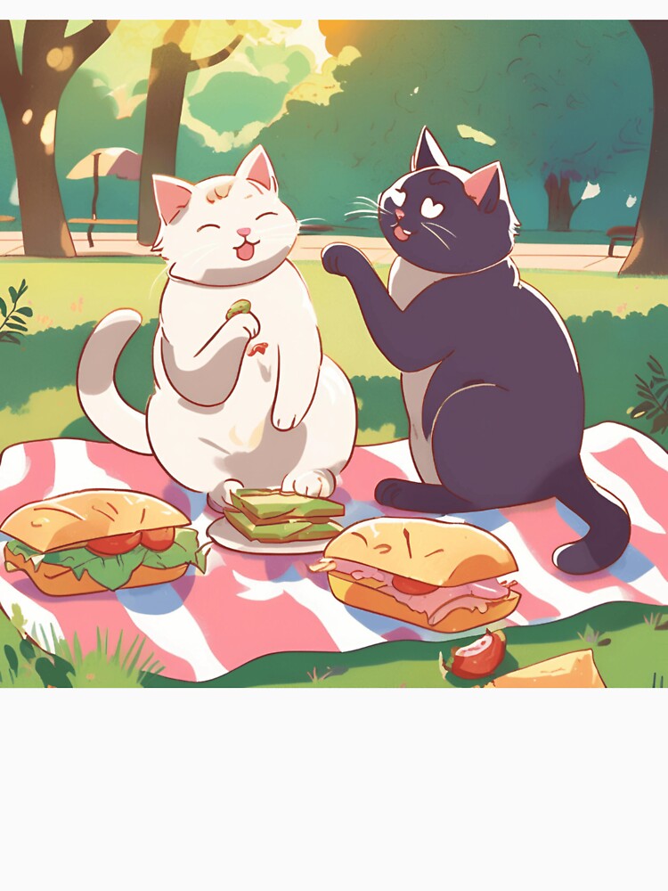 Cute cats picnic in the park - wholesome cartoon cat art by mimomihom