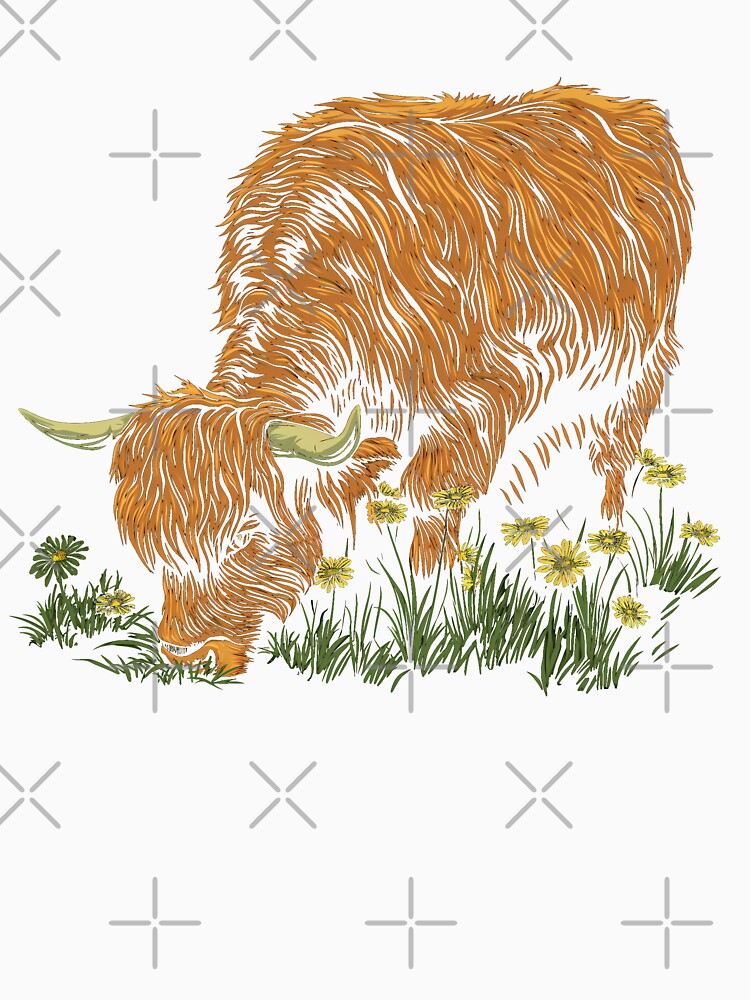 Scottish or irish fluffy  highland cattle cow animal grazing grass illustration by NBSStore
