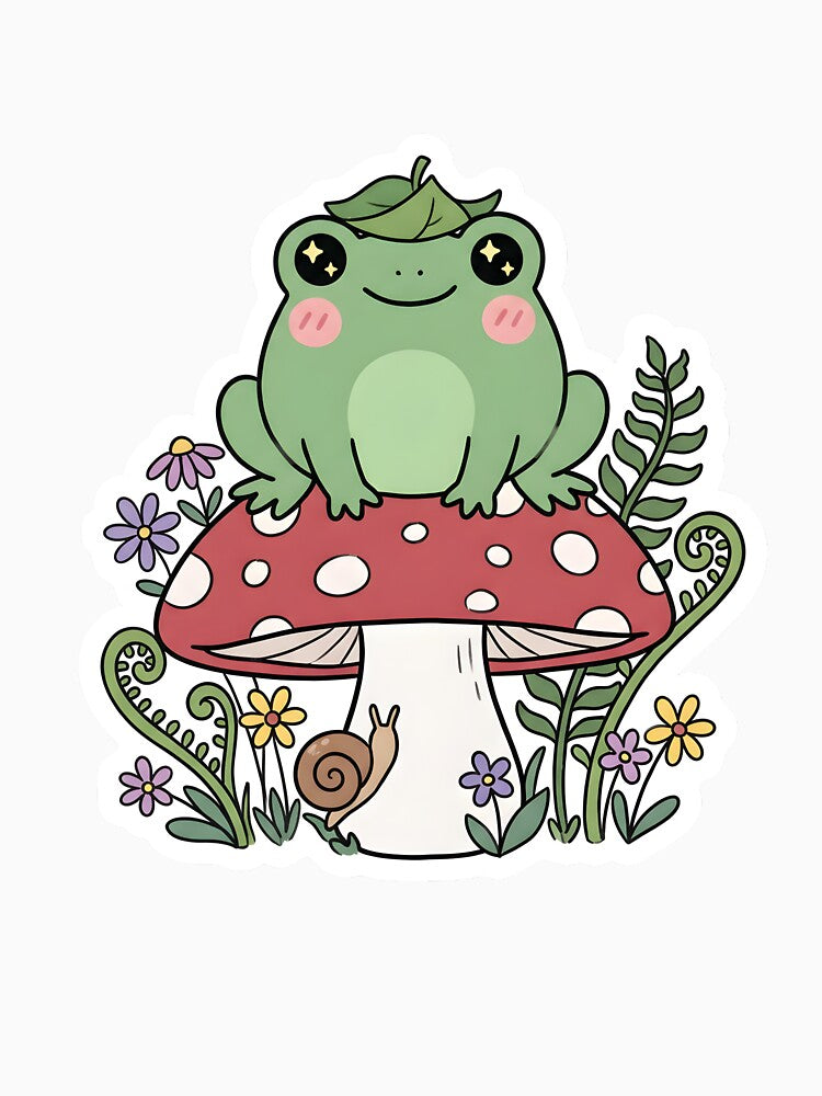 Cute Frog Sitting on Mushroom with Flowers by TheVintageFolio