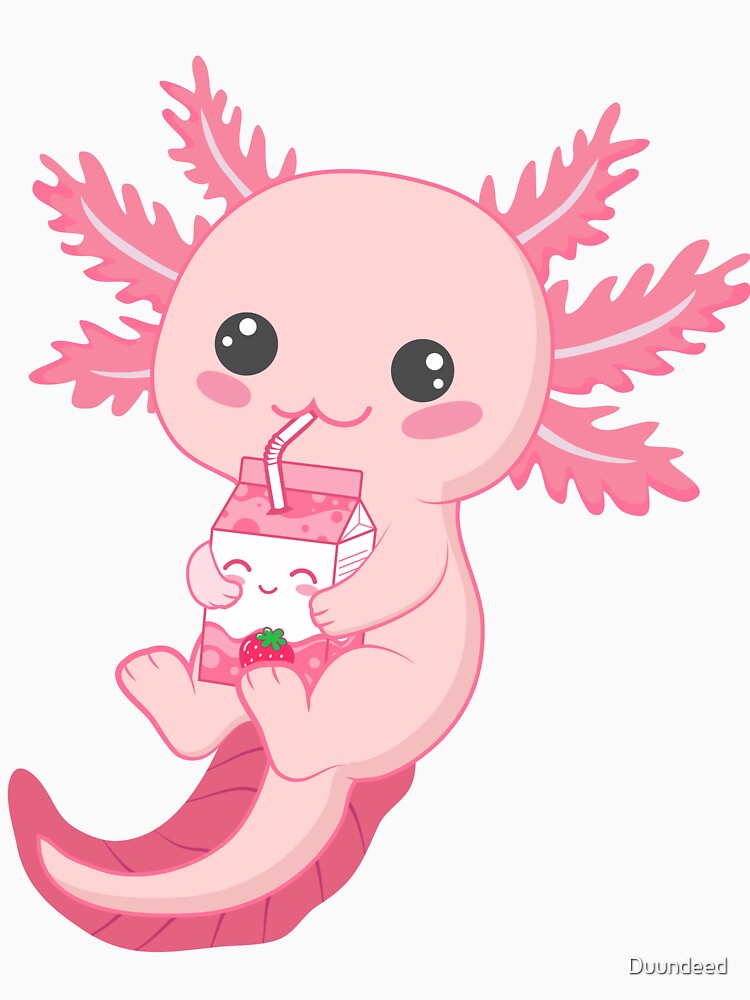 Cute Kawaii Doodle Axolotl Drinking Milk Boba Strawberry Tea, Axolotl Stickers, Bubble tea stickers, by Duundeed