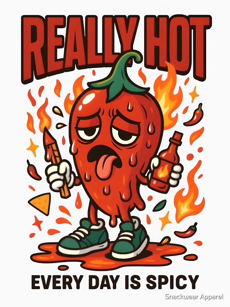 Really Hot – Chibi Chili Pepper with Flames & Hot Sauce Bottle by Snackwear Apparel