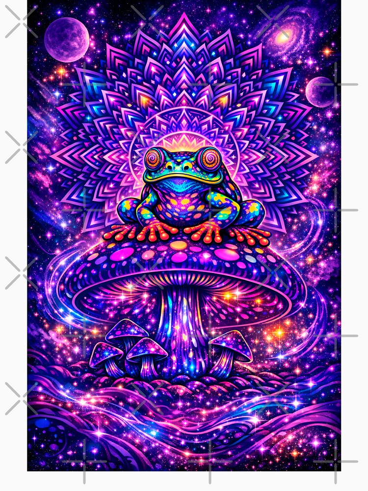Psychedelic Cosmic Frog on Magic Mushroom – Trippy Mandala Frog Galaxy Art by RustedToad