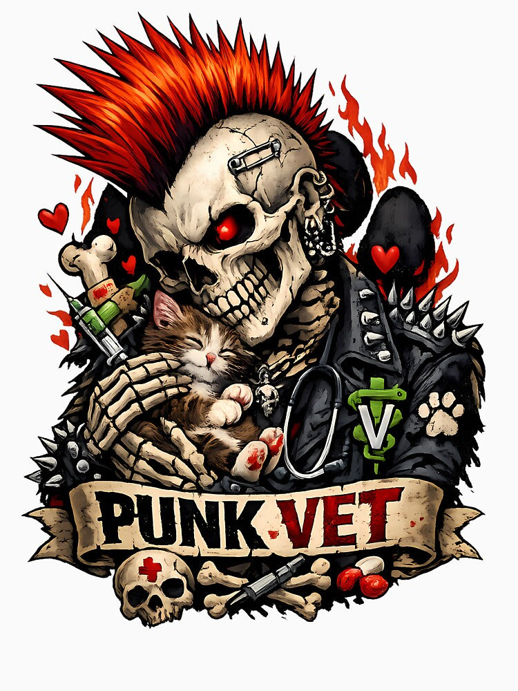 Punk Vet Skull Kitten Heavy Metal Veterinary Art by Cat-butt-shirts