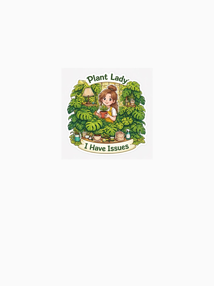 Plant lady bestseller, green thumb "Plant Lady: I Have Issues" with overgrown monstera choking room, chaotic cute --ar 1:1 by SparkVault