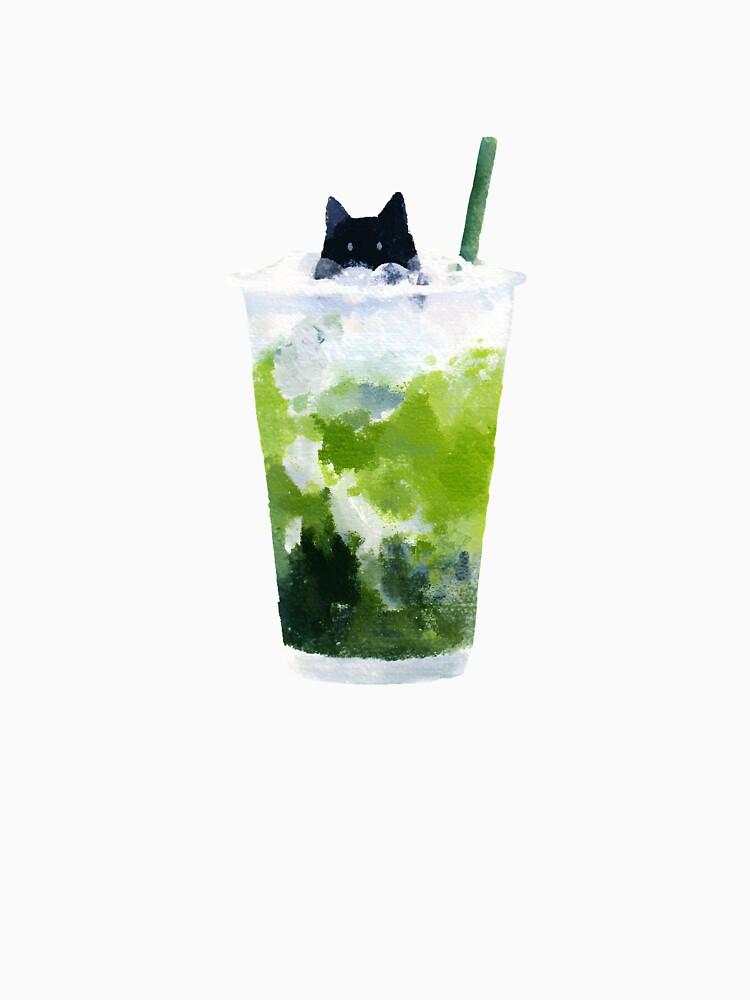 Matcha Mood Cat – Cute Black Cat in Iced Matcha Latte Watercolor Illustration by YohakuPause