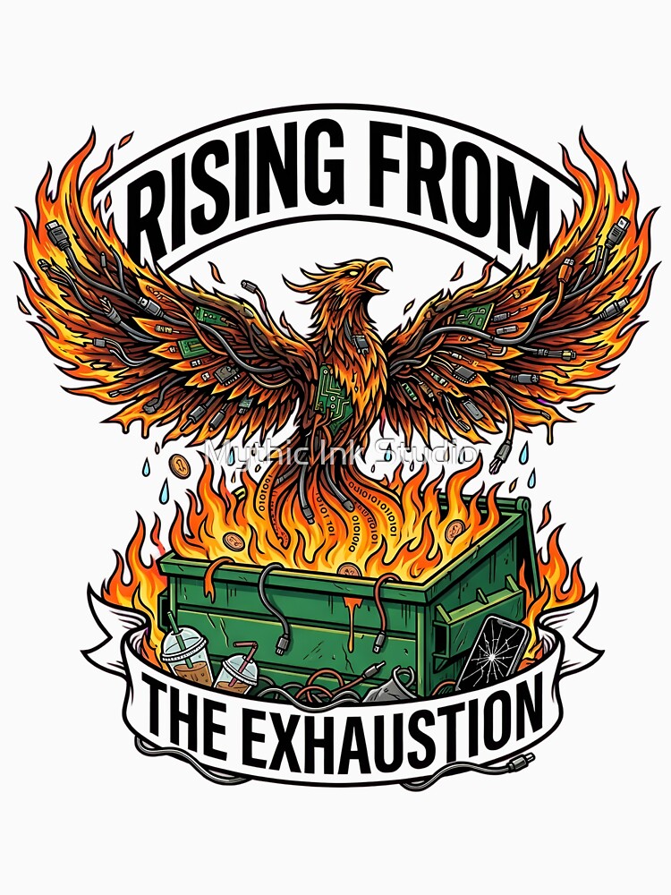 Rising From The Exhaustion Dumpster Fire Phoenix Funny Millennial Fatigue - Tech Humor by Mythic Ink Studio