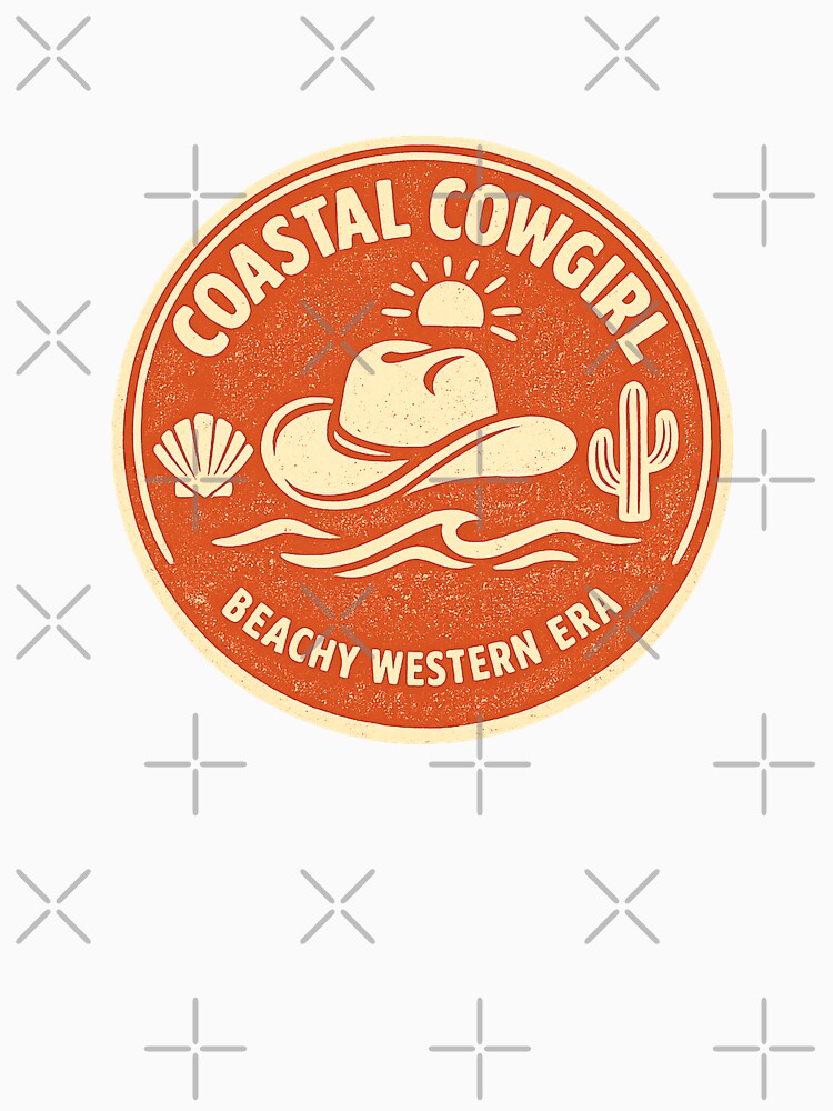 Coastal Cowgirl Beachy Western Era — Vintage Cowboy Hat Wave Seashell Cactus Badge Tee by VaultInk