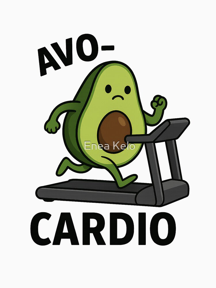 Avo-Cardio – Funny Running Avocado Fitness Pun Design by Enea Kelo