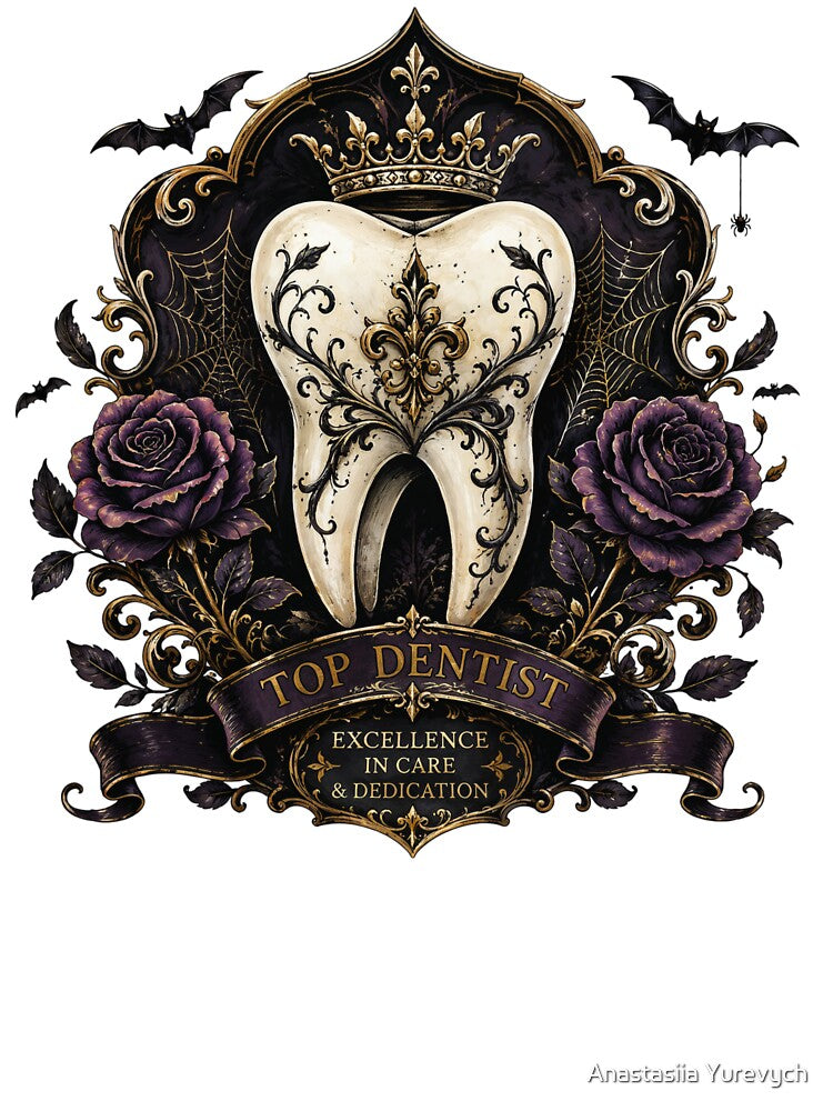 Victorian Gothic Tooth Design | Dark Academia Dentist Gift Floral Dental Artwork by Anastasiia Yurevych