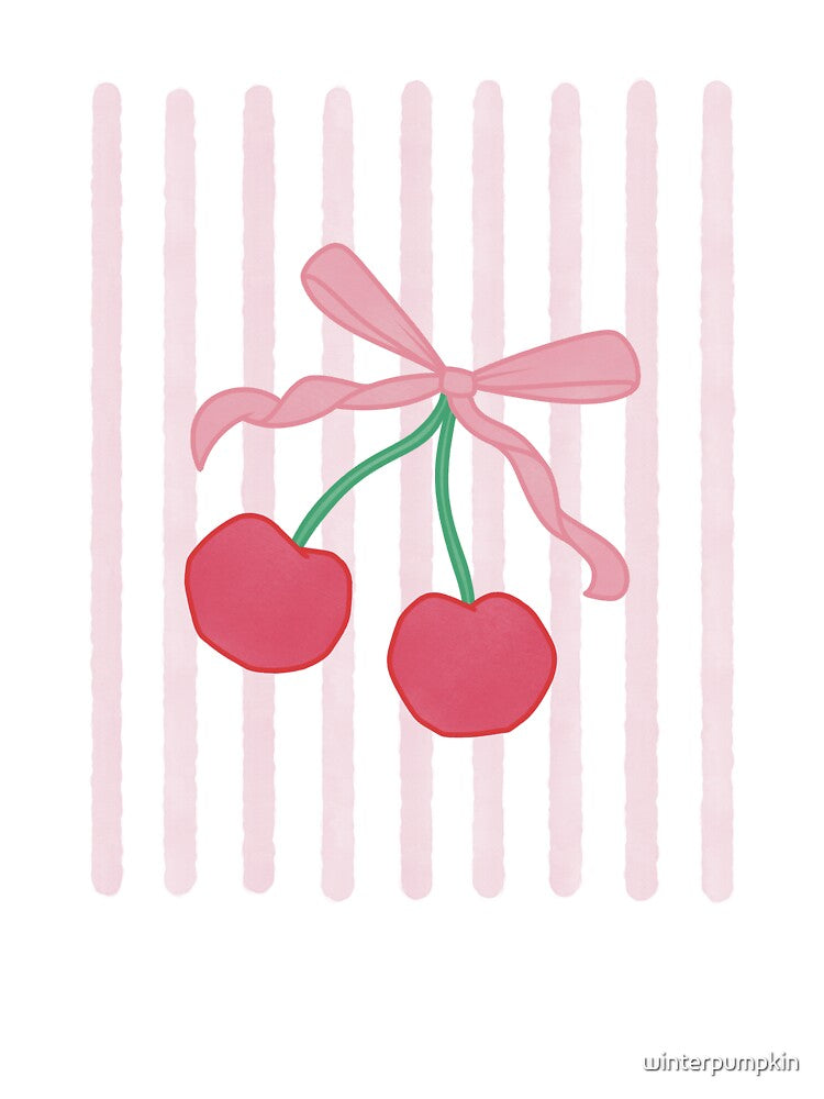 Red Cherries with Pink Bow Watercolour Stripes by winterpumpkin