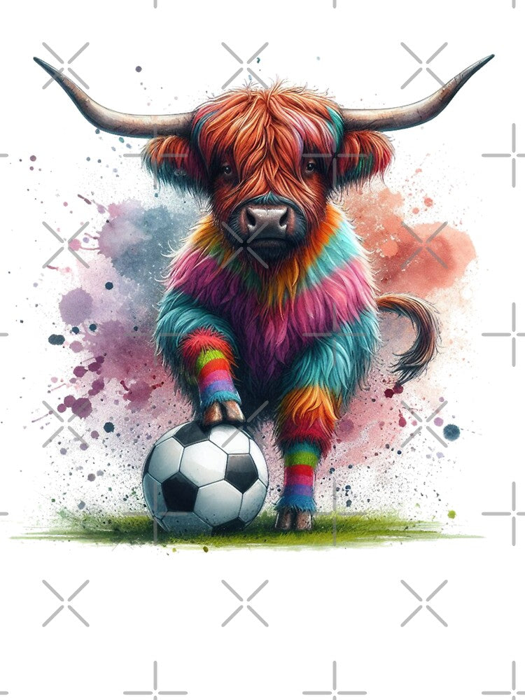 Scottish Tartan Army Highland Cow Playing Soccer Football Colorful Watercolor by MaedK