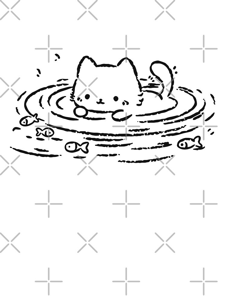 Kawaii Cute Cat Swimming Water Ripples Minimalist Fish by Krasnovaovaova