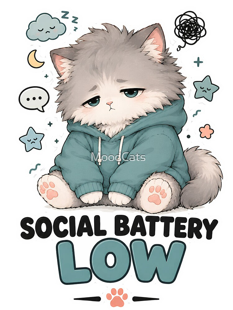 Social Battery Low Cute Tired Cat Sticker by MoodCats