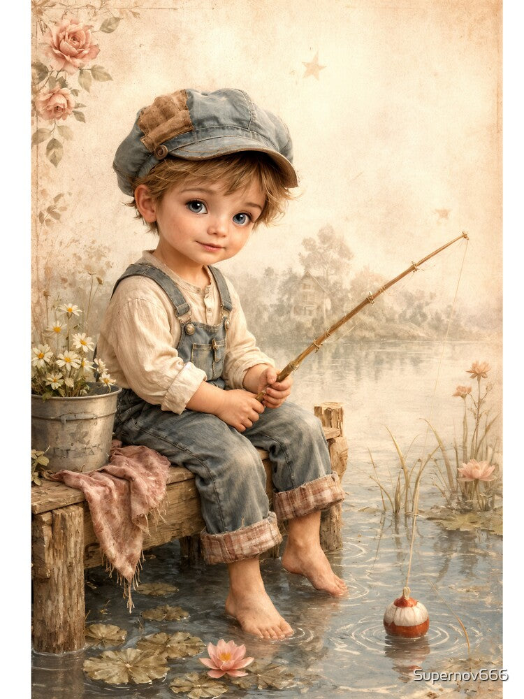 Wall Art - Postcard - ILLUSTRATION #3 - Lakeside Nostalgia – Vintage Childhood Fishing by ForeverPrintsOK