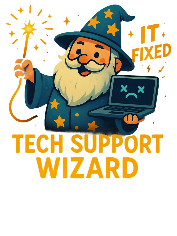 Funny Tech Support Wizard Fixing Computer Cartoon Design. by The-T-In-Retro