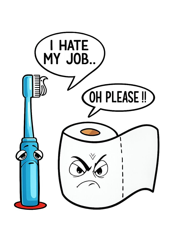 Funny Toothbrush and Toilet Paper Joke Design | Bathroom Humor Cartoon Graphic by GarnerSupplyCo