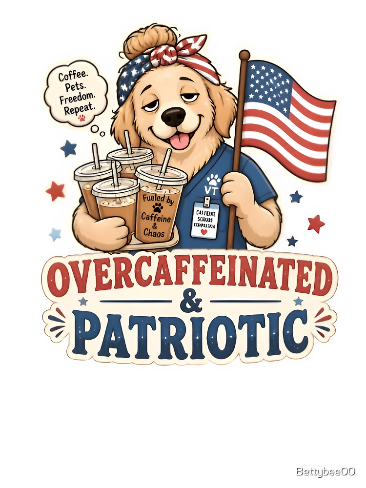 Overcaffeinated & Patriotic Vet Sticker | Funny Veterinary Coffee Dog by Bettybee00
