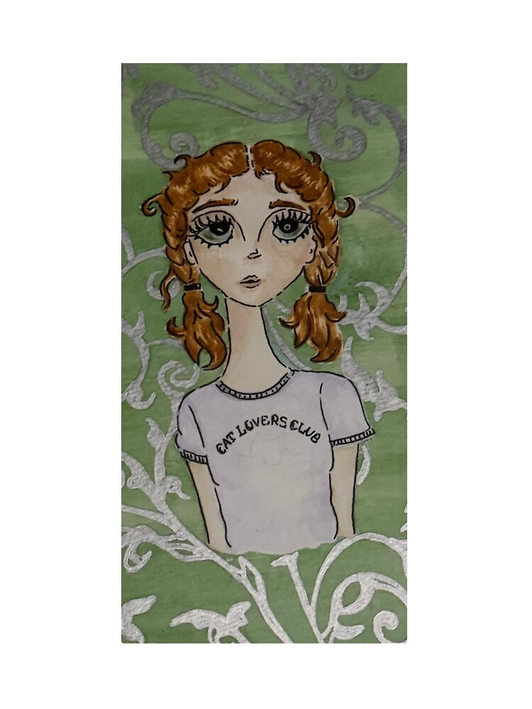 whimsical girl with cat tshirt - watercolour painting by jayssaturn