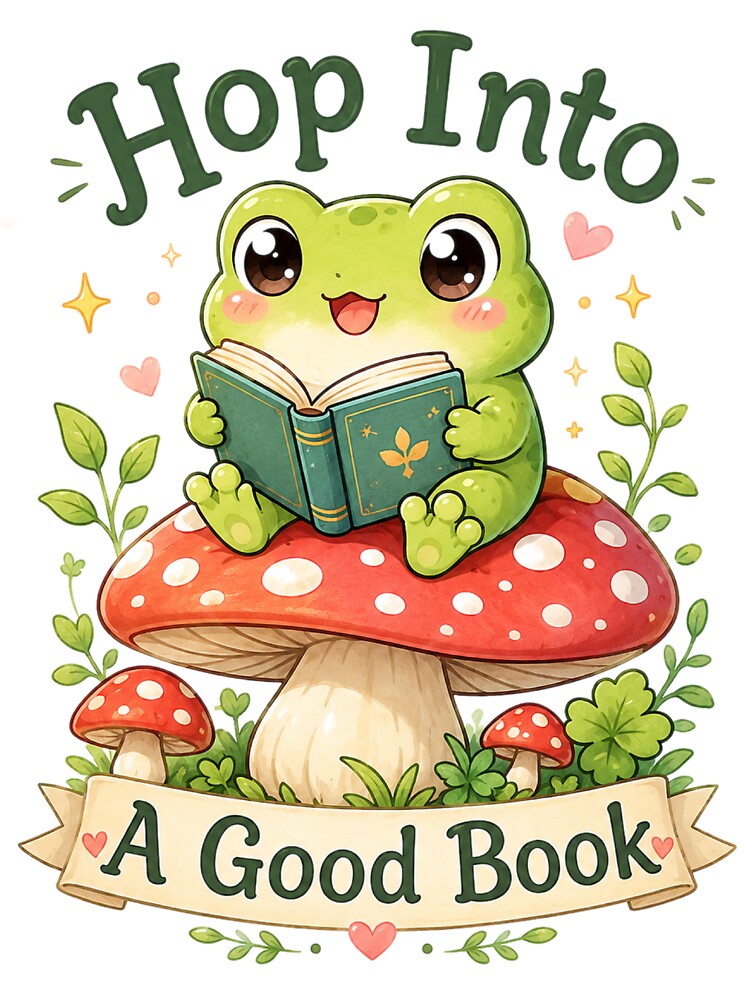 Hop Into A Good Book – Cute Frog Reading on Mushroom by MotylekAnia