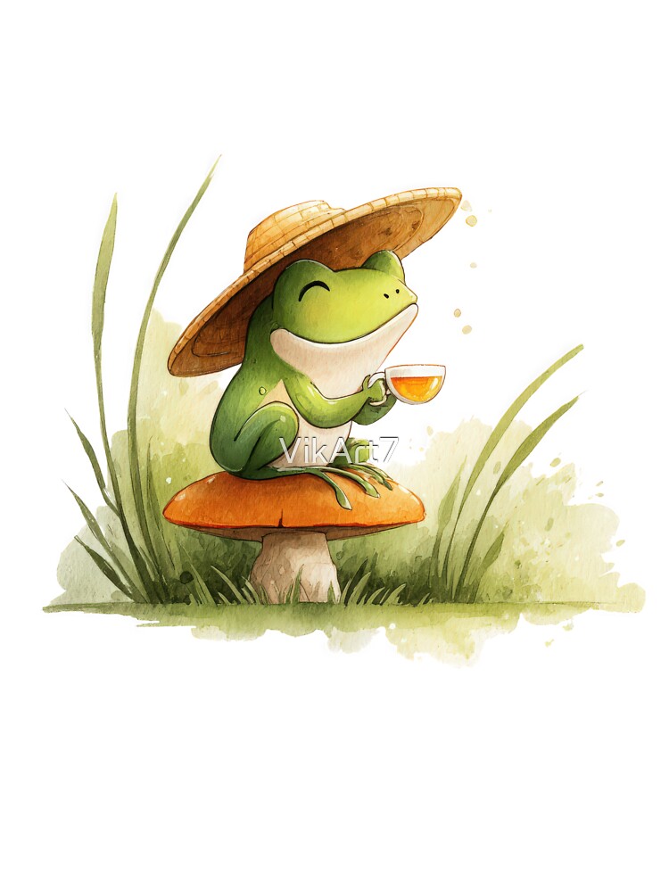 Kawaii Frog Sipping Tea in Straw Hat — Woodland Mushroom Aesthetic by VikArt7