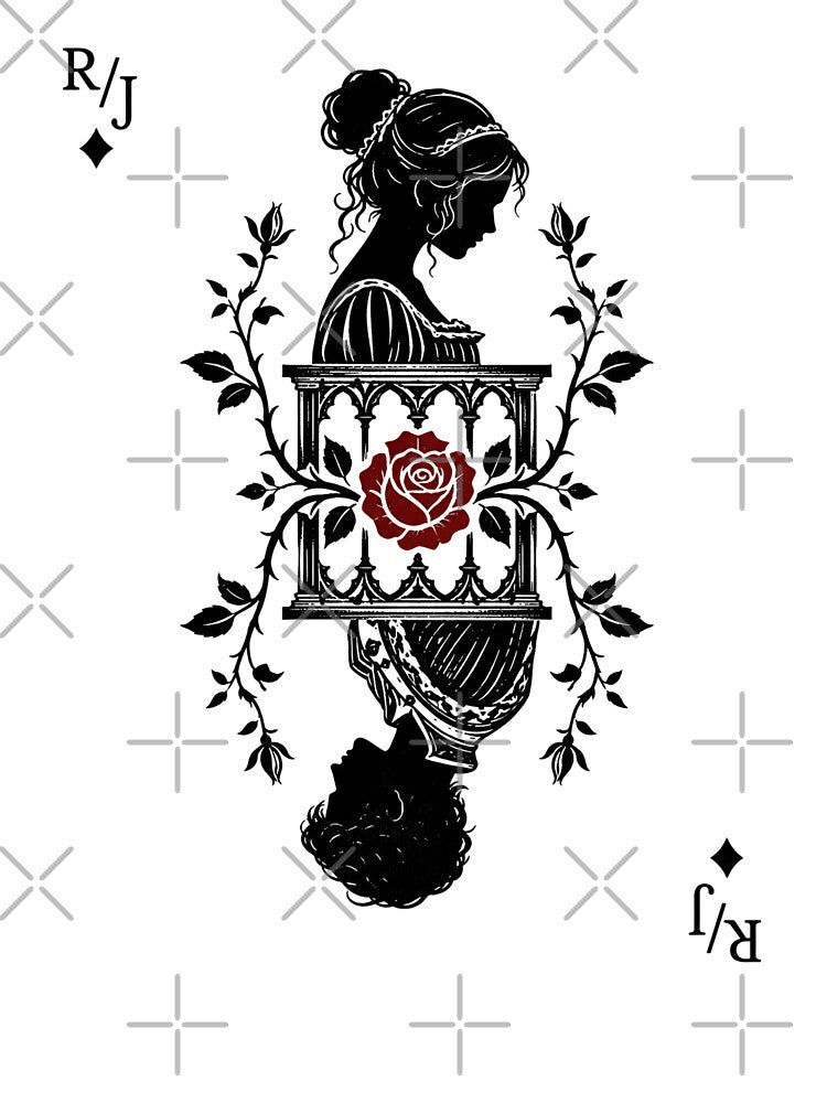 Romeo and Juliet Playing Card Silhouette Red Rose Art by Fenay Designs