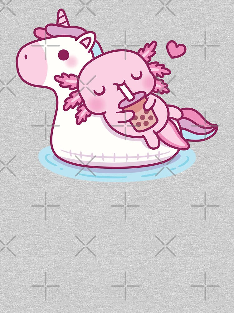 Cute Axolotl Chilling On Unicorn Pool Float Drinking Bubble Tea by rustydoodle