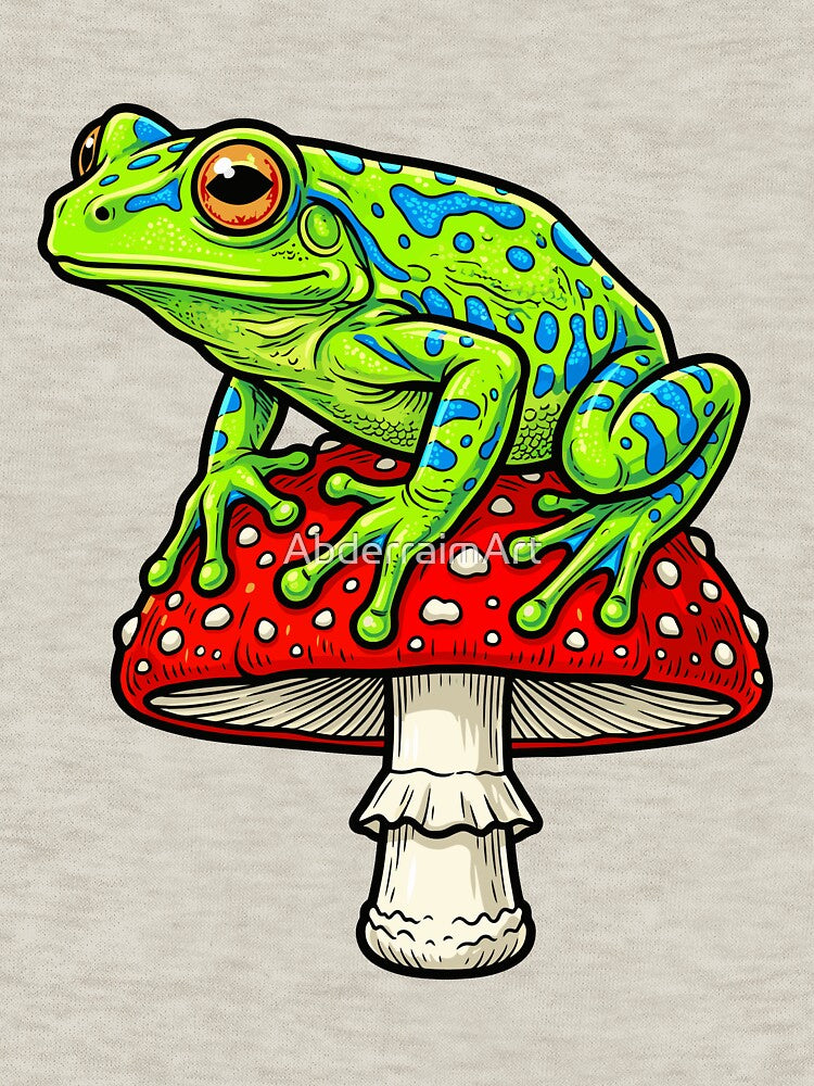 Blue Spotted Tree Frog on Red Toadstool by AbderraimArt