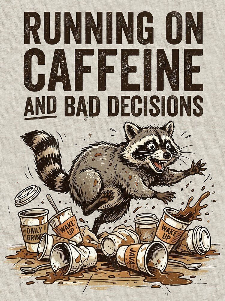 Running on Caffeine and Bad Decisions Funny Raccoon Shirt | Coffee Lover Gift by PlumArtDesign