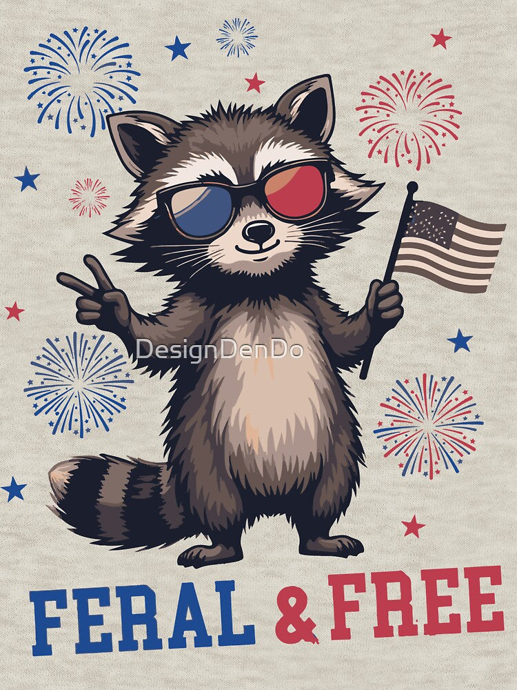 Feral & Free Raccoon, Funny 4th of July, American Feral Girl Summer Meme, Patriotic Independence Day Gift by DesignDenDo ⭐⭐⭐⭐⭐