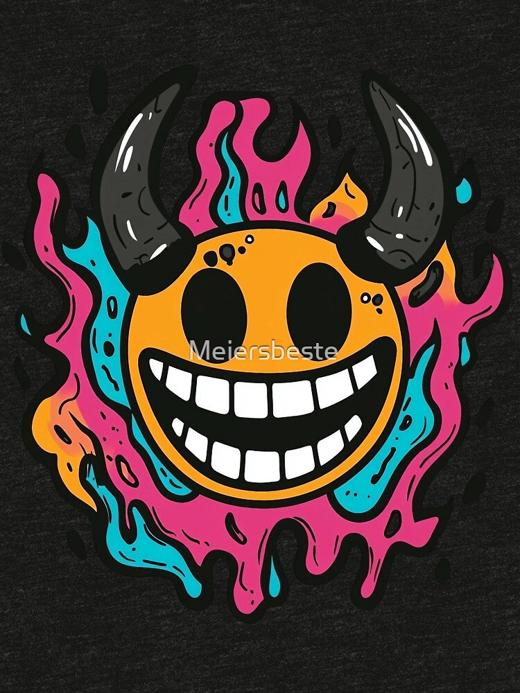 Psychedelic Smiley with Horns – Groovy Flames Design by Meiersbeste
