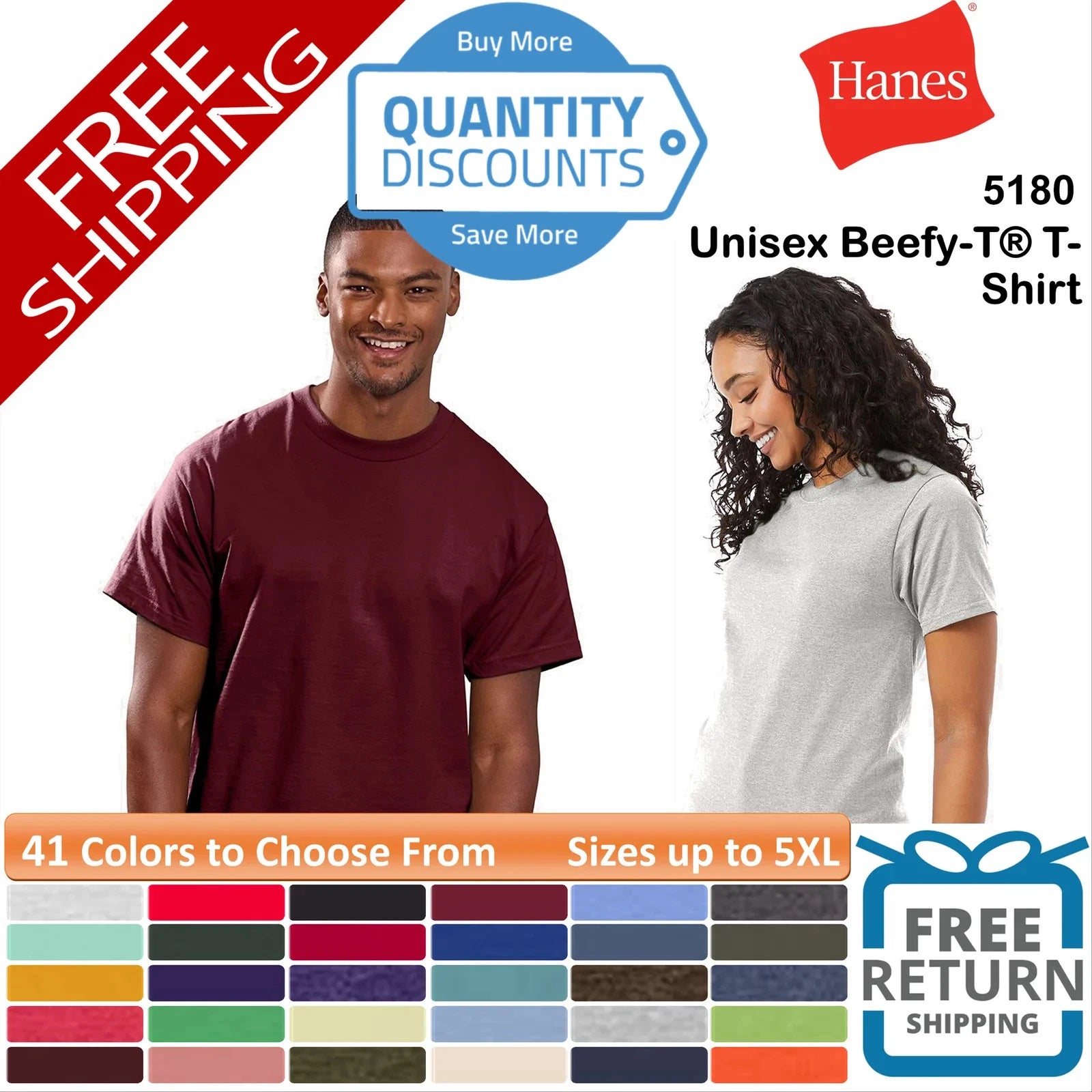 🔥 Hanes Unisex Beefy-T Ring-spun Cotton & Blends T-Shirt Up To 5XL 5180 b