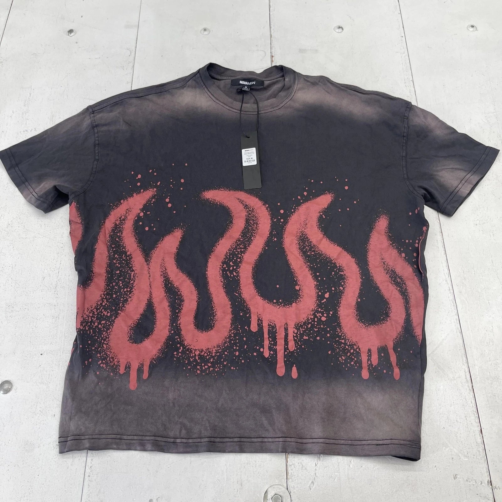 NOVAMEN Shirt Mens Medium Black Flaming Drip Flames Graphic Tee Streetwear