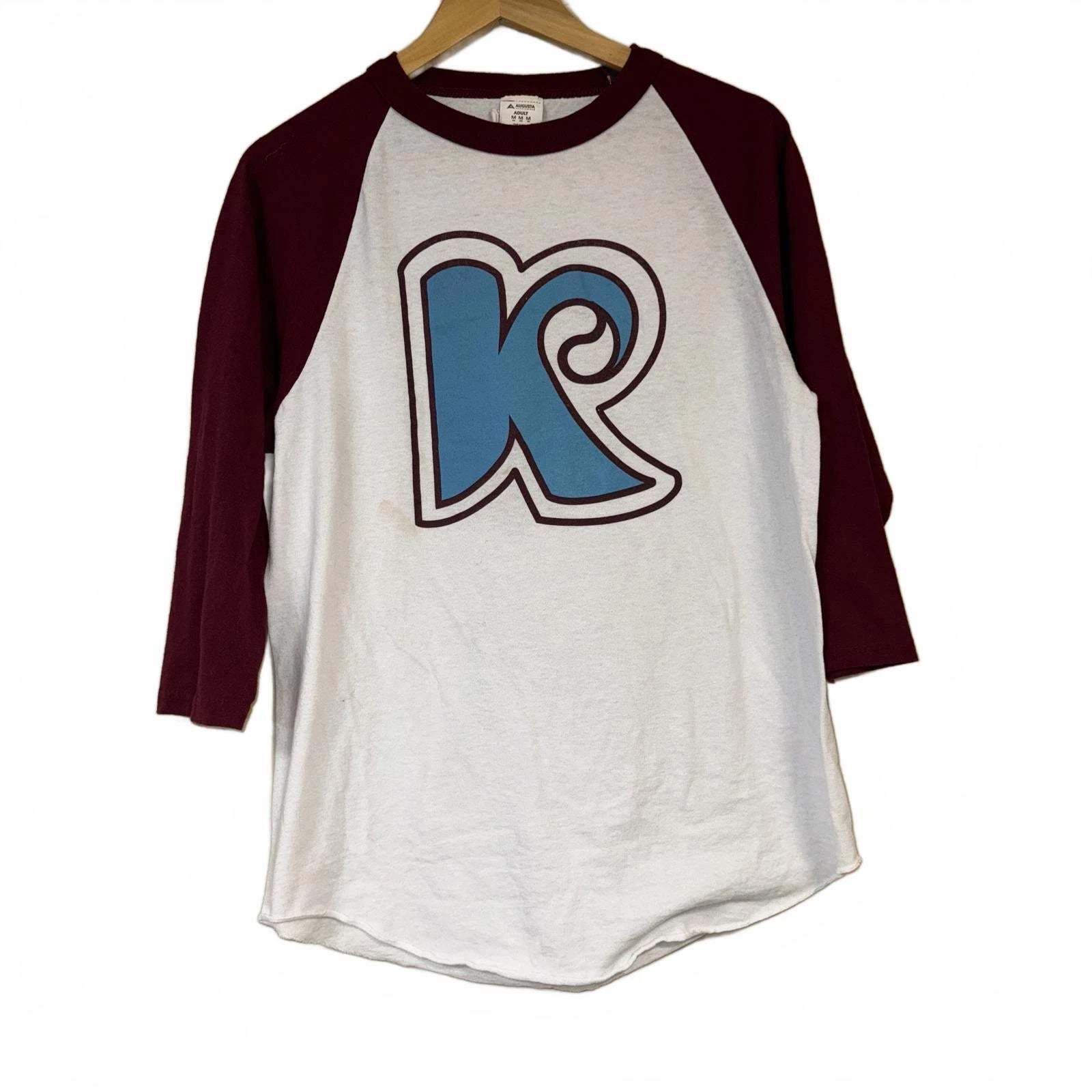 K Shirt Men's Medium 3/4 Sleeve Top- Stylish Retro Design White Burgundy Blue