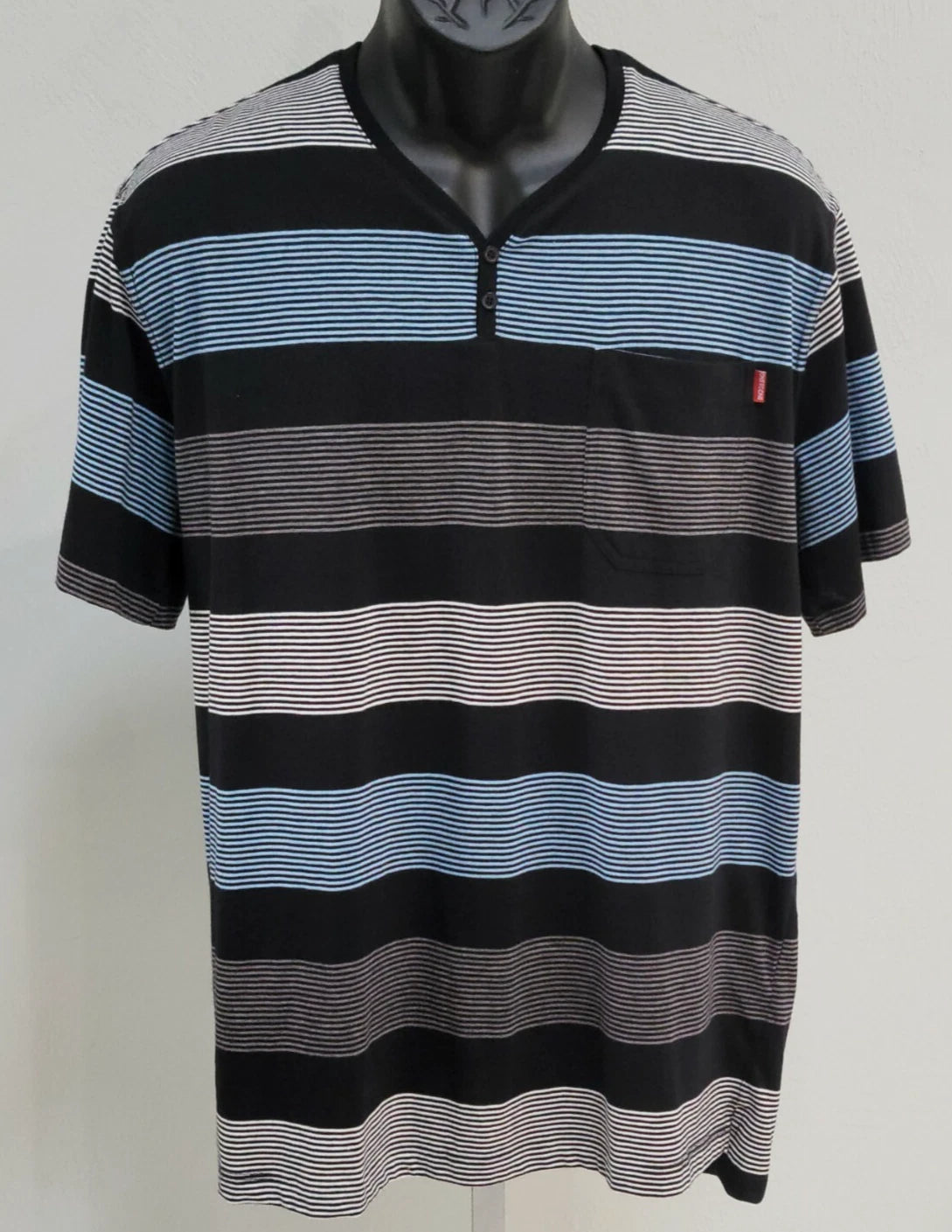 One90One Striped V Neck Tee Blue Black Gray Casual Minimalist Short Sleeve XXL
